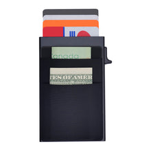 Load image into Gallery viewer, Black wallet with cards and money on a white background