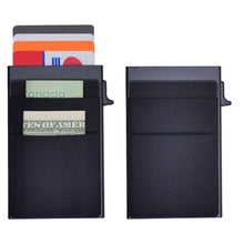 Load image into Gallery viewer, Black cardholder with cards and money on a white background