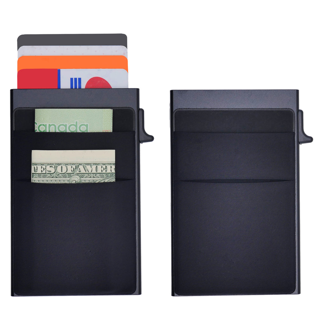 Black cardholder with cards and money on a white background